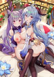 Rule 34 | 2girls, ahoge, akusema, ass, bare shoulders, bed, bed sheet, black gloves, black panties, black thighhighs, blue flower, blue hair, blush, bottomless, breasts, christmas, clothes pull, commentary request, detached sleeves, double bun, flower, from behind, ganyu (genshin impact), genshin impact, gift, glaze lily, gloves, goat horns, gold trim, hair bun, hat, highres, horns, indoors, keqing (genshin impact), large breasts, long hair, long sleeves, looking at viewer, low ponytail, multiple girls, navel, nipples, panties, pantyhose, pantyhose pull, purple eyes, purple hair, purple sleeves, santa hat, side-tie panties, sitting, smile, suggestive fluid, take your pick, thighhighs, thighlet, thighs, thong, tongue, tongue out, underwear, white sleeves, yuri