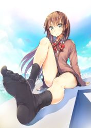 Rule 34 | 1girl, arm support, bad id, bad pixiv id, black socks, blue sky, blush, bow, bowtie, brown hair, cardigan, day, feet, full body, long hair, long sleeves, looking at viewer, miniskirt, no shoes, original, outdoors, revision, school uniform, shadow, sitting, skirt, sky, sleeves past wrists, socks, soles, solo, striped bow, striped bowtie, striped clothes, striped neckwear, sweater vest, toes, umeboshitora, very long hair