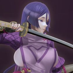 Rule 34 | 1girl, 3d, black gloves, bracer, breasts, fate/grand order, fate (series), fingerless gloves, gloves, holding, holding sword, holding weapon, katana, large breasts, leslyzerosix, long hair, minamoto no raikou (fate), parted lips, purple eyes, purple hair, solo, sword, weapon