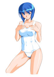 Rule 34 | 1girl, blue hair, breasts, looking at viewer, qkat (arikawa-dou), short hair, simple background, solo, super real mahjong, swimsuit, white background