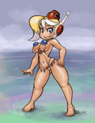 Rule 34 | 1girl, barefoot, bikini, blonde hair, blue eyes, blush stickers, breasts, call (mighty no. 9), call e, contrapposto, dead or alive, dead or alive xtreme, full body, garrison cap, gem, grin, hat, headset, highres, long hair, micro bikini, mighty no. 9, multicolored hair, navel, side ponytail, skindentation, smile, solo, standing, swimsuit, two-tone hair, underboob, venus bikini, white hair, xdraws
