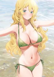 Rule 34 | 1girl, absurdres, bikini, blonde hair, blush, breasts, cleavage, closed mouth, cowboy shot, day, djheycha, green bikini, green eyes, hair between eyes, halterneck, highres, hoshii miki, idolmaster, idolmaster (classic), large breasts, long hair, looking at viewer, navel, outdoors, side-tie bikini bottom, sidelocks, solo, standing, stomach, string bikini, summer, swimsuit, t-pose, thighs, wavy hair