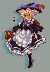 Rule 34 | 1girl, apron, basket, black capelet, black hat, blonde hair, bow, braid, capelet, frilled hat, frills, full body, grey background, hair bow, hat, holding, holding basket, kirisame marisa, looking at viewer, mmmmatimmmmati, mushroom, musical note, one-hour drawing challenge, purple bow, side braid, simple background, single braid, solo, spoken musical note, standing, touhou, waist apron, white apron, witch hat, yellow eyes