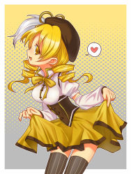 Rule 34 | 10s, 1girl, beret, blonde hair, breasts, clothes lift, drill hair, female focus, girotin ginza, halftone, halftone background, hat, heart, long hair, mahou shoujo madoka magica, mahou shoujo madoka magica (anime), profile, skirt, skirt lift, solo, thighhighs, tomoe mami, twin drills, twintails, weapon, zettai ryouiki