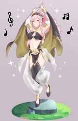 Rule 34 | 1girl, absurdres, armlet, arms up, artist name, bare shoulders, blush, braid, breasts, bridal gauntlets, cleavage, closed mouth, fire emblem, fire emblem awakening, fire emblem heroes, full body, grass, grey background, hairband, highres, long hair, medium breasts, midriff, musical note, navel, nintendo, official alternate costume, olivia (fire emblem), pelvic curtain, pink eyes, pink hair, ponytail, rock, sarukaiwolf, side braid, simple background, smile, solo, sparkle, standing, standing on one leg, twin braids