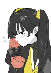 Rule 34 | 1girl, absurdres, black gloves, black hair, cycloneactionx, gloves, highres, hiromi (shin kamen rider), holding, honeycomb (pattern), honeycomb print, japanese clothes, kamen rider, kimono, looking to the side, phone, serious, shin kamen rider, simple background, solo, sound effects, tokusatsu, twintails, upper body, white background