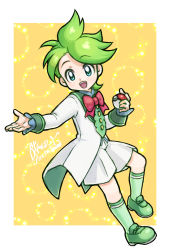 Rule 34 | 1boy, :d, blue eyes, border, bow, bowtie, buttons, commentary request, creatures (company), demerin, game freak, green footwear, green hair, green socks, happy, holding, holding poke ball, long sleeves, looking at viewer, male focus, nintendo, official alternate costume, open mouth, poke ball, poke ball (basic), pokemon, pokemon masters ex, red bow, red bowtie, shoes, short hair, shorts, smile, socks, solo, teeth, tongue, upper teeth only, wally (pokemon), wally (sygna suit) (pokemon), white border, white shorts