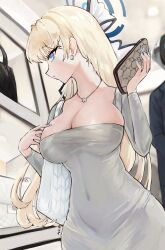 Rule 34 | 1girl, 1other, bag, blonde hair, blue archive, blue eyes, blue halo, breasts, cleavage, covered navel, dongtan dress, dress, earrings, estelle8js, grey dress, halo, highres, holding, holding bag, jewelry, large breasts, long hair, meme attire, necklace, parted lips, toki (blue archive)