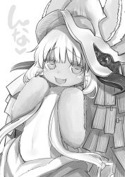 Rule 34 | 1other, :d, facial mark, fangs, furry, greyscale, hands up, hat, horizontal pupils, horns, looking at viewer, made in abyss, monochrome, nanachi (made in abyss), open mouth, santa (sunflower), simple background, smile, solo, topless, whisker markings, white background