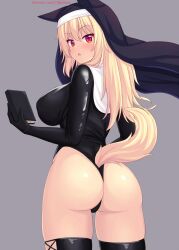 Rule 34 | 1girl, ass, ass focus, bible, black gloves, black leotard, black thighhighs, blonde hair, blush, book, breasts, cameltoe, cat tail, embarrassed, from behind, gloves, habit, highres, holding, huge ass, large breasts, leotard, long hair, long sleeves, looking at viewer, looking back, nottytiffy, nun, open mouth, original, red eyes, sideboob, solo, tail, thick thighs, thighhighs, thighs, thong, thong leotard, tiffy (nottytiffy)