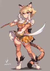 Rule 34 | 1girl, absurdres, animal ears, animal print, blonde hair, blue eyes, boots, breasts, closed mouth, cutlass, cutlass, dated, elbow gloves, expressionless, full body, gloves, highres, holding, holding sword, holding weapon, iparupua, kemono friends, looking at viewer, medium breasts, necktie, orange necktie, short hair, short sleeves, signature, smilodon (kemono friends), solo, sword, tail, thighhighs, tiger ears, tiger print, tiger tail, weapon, white footwear, white hair