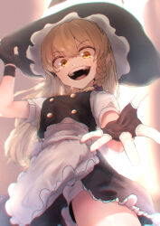 Rule 34 | 1girl, absurdres, apron, black hat, black skirt, black vest, blonde hair, bow, braid, brown gloves, buttons, commentary request, cowboy shot, fingerless gloves, frilled apron, frilled skirt, frills, gloves, hair bow, hand on headwear, hat, hat bow, highres, kirisame marisa, long hair, looking at viewer, open mouth, purple bow, reaching, reaching towards viewer, shirt, short bangs, single braid, skirt, skirt set, smile, solo, sotatsudraw, teeth, tongue, touhou, upper teeth only, v-shaped eyebrows, vest, waist apron, white apron, white bow, white shirt, witch hat, yellow eyes