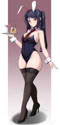 Rule 34 | 1girl, :/, absurdres, alternate costume, animal ears, bare shoulders, black hair, black leotard, black thighhighs, breasts, closed mouth, cocktail glass, covered navel, cup, detached collar, drink, drinking glass, full body, groin, hairband, high heels, highleg, highleg leotard, highres, holding, holding tray, jill stingray, katsuragi nantoka, leotard, long hair, looking at viewer, medium breasts, necktie, pillarboxed, playboy bunny, rabbit ears, red eyes, red necktie, sidelocks, skindentation, solo, swept bangs, thighhighs, thighs, tray, twintails, va-11 hall-a, white hairband, wide hips, wing collar, wrist cuffs