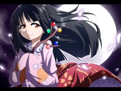 Rule 34 | 1girl, anime coloring, black hair, branch, brown eyes, bwell, full moon, hime cut, houraisan kaguya, jeweled branch of hourai, letterboxed, long hair, long sleeves, looking at viewer, moon, night, shirt, skirt, sky, smile, solo, star (sky), starry sky, touhou, very long hair, wide sleeves