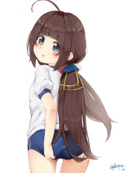 Rule 34 | 10s, 1girl, absurdres, ahoge, ass, bad id, bad pixiv id, blue eyes, blunt bangs, blush, brown hair, buruma, cowboy shot, dated, dgle3370, female focus, flat chest, from behind, head tilt, highres, hinatsuru ai, long hair, looking at viewer, looking back, low twintails, ryuuou no oshigoto!, shirt, short sleeves, simple background, solo, twintails, very long hair, white background, white shirt