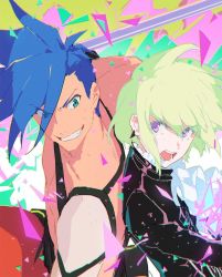 Rule 34 | 1boy, 2boys, back-to-back, black jacket, blonde hair, blue hair, ascot, fire, galo thymos, green eyes, jacket, lio fotia, male focus, multiple boys, promare, purple eyes, topless male, spiked hair, zucky mhm