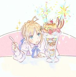 Rule 34 | 1girl, ahoge, ahoge wag, artoria pendragon (all), artoria pendragon (fate), blonde hair, blue eyes, blue ribbon, blush, braid, cherry, commentary request, crown braid, expressive hair, fate/stay night, fate (series), fireworks, food, fruit, highres, holding, holding spoon, long sleeves, machi (uqyjee), neck ribbon, open mouth, parfait, pudding, ribbon, saber (fate), shirt, short hair, sitting, solo, sparkle, sparkler, sparkling eyes, spoon, strawberry, table, white background, white shirt