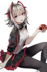 Rule 34 | 1girl, :d, antenna hair, apple, arknights, arm at side, black jacket, black pantyhose, black skirt, breasts, brown eyes, eyeshadow, feet out of frame, food, from side, fruit, grey shirt, high collar, highres, holding, holding food, holding fruit, horns, hutuu (1121), injury, jacket, long sleeves, looking at viewer, looking to the side, makeup, medium breasts, miniskirt, open clothes, open jacket, open mouth, pantyhose, red hair, shirt, short hair, silver hair, simple background, skirt, smile, solo, w (arknights), white background