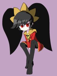 Rule 34 | 1girl, ashley (warioware), big hair, black hair, black pantyhose, child, closed mouth, dress, female focus, flat chest, full body, hairband, invisible chair, jaggy lines, kan (kam48360493), long hair, long sleeves, looking to the side, neckerchief, nintendo, orange hairband, orange neckerchief, own hands together, pantyhose, pink background, red dress, simple background, sitting, skull, solo, twintails, v arms, warioware