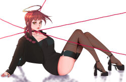Rule 34 | 1girl, absurdres, black dress, black footwear, black jacket, black thighhighs, braid, braided ponytail, breasts, brown hair, chainsaw man, choker, cleavage, dress, garter straps, halo, high heels, highres, jacket, jobin chan, large breasts, leaning back, lips, long hair, looking at viewer, makima (chainsaw man), red hair, red lips, red nails, ringed eyes, shoes, short dress, sidelocks, simple background, sitting, solo, thighhighs, thighs, white background, yellow eyes