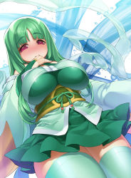Rule 34 | 1girl, blush, breasts, bridal gauntlets, detached sleeves, female focus, green eyes, green hair, impossible clothes, japanese clothes, katourennyu, large breasts, long hair, matching hair/eyes, momo kyun sword, purple eyes, skirt, smile, solo, suika (momo kyun sword), suika (momokyun), thick thighs, thighhighs, thighs, water, wide hips