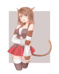 Rule 34 | 1girl, :d, animal ears, bare shoulders, blue eyes, breasts, brown hair, cat ears, cat girl, cat tail, cleavage, cosplay, crop top, cropped legs, detached sleeves, final fantasy, final fantasy x, final fantasy xiv, green eyes, hair between eyes, hand on own arm, heterochromia, highres, kemonomimi mode, long sleeves, medium breasts, medium hair, miniskirt, miqo&#039;te, miqo&#039;te (cosplay), navel, open mouth, puffy long sleeves, puffy sleeves, red skirt, skirt, smile, solo, tail, teeth, thighhighs, toufu (toufu 53), white thighhighs, yuna