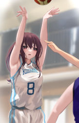 Rule 34 | 1girl, 2others, absurdres, armpits, arms up, basketball, basketball uniform, blurry, blurry background, blush, depth of field, highres, indoors, koisuke, looking afar, motion blur, multiple others, original, playing sports, ponytail, red eyes, red hair, sportswear, sweatdrop