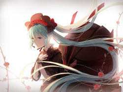 Rule 34 | 1girl, aiko (kanl), aqua eyes, aqua hair, black dress, black hat, bonnet, dress, flower, hands on own chest, hat, hat flower, hatsune miku, light smile, long hair, microphone, own hands together, red flower, red ribbon, red rose, ribbon, rose, solo, tears, twintails, very long hair, vocaloid