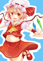 Rule 34 | 1girl, ascot, bad id, bad pixiv id, blonde hair, fang, female focus, flandre scarlet, hat, mary janes, midriff, navel, no socks, outstretched arms, red eyes, shishina, shoes, short hair, skirt, solo, spread arms, embodiment of scarlet devil, touhou, wings, wristband