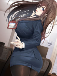 Rule 34 | 1girl, artist name, ass, window blinds, blue eyes, blush, breasts, brown hair, chair, commentary request, from side, highres, id card, large breasts, long hair, looking at viewer, monitor, mouse (computer), oekakizuki, office lady, open mouth, original, pantyhose, senpai (oekakizuki), skirt, solo, twisted torso