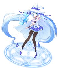 Rule 34 | 1girl, absurdly long hair, blue eyes, blue hair, cape, full body, hair ribbon, hat, hatsune miku, highres, long hair, magic circle, matching hair/eyes, open mouth, pantyhose, pine (angel4195202), ribbon, simple background, skirt, snowflakes, solo, twintails, very long hair, vocaloid, wand, white background, witch hat, yuki miku