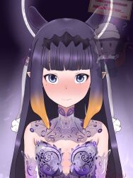 Rule 34 | 1girl, ?, alternate costume, bare shoulders, blue eyes, blunt bangs, blush, breasts, bridal veil, commentary, commission, dress, english commentary, floral print, gradient hair, halo, headpiece, highres, hololive, hololive english, leizu02, long hair, looking at viewer, mole, mole under eye, multicolored hair, ninomae ina&#039;nis, orange hair, pointy ears, purple dress, purple hair, sidelocks, small breasts, straight hair, tentacle hair, tentacles, veil, virtual youtuber, watermark, wedding dress
