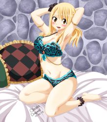 Rule 34 | 1girl, 2015, absurdres, armpits, arms behind head, arms up, artist request, bikini, blonde hair, blush, breasts, brown eyes, claudia dragneel, cleavage, dated, fairy tail, female focus, highres, large breasts, lingerie, long hair, looking at viewer, lucy heartfilia, navel, open mouth, sitting, smile, solo, swimsuit, tagme, underwear