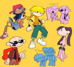Rule 34 | 2girls, 3boys, ^ ^, numbuh 5, aged up, arm around neck, arm around shoulder, bald, belt, black hair, blonde hair, bracelet, braid, cartoon network, cellphone, chain, clenched hands, closed eyes, codename: kids next door, covering face, dark skin, earrings, closed eyes, frown, goggles, hand on own hip, hat, numbuh 2, hood, hoodie, jewelry, numbuh 3, long hair, looking at another, looking over eyewear, midriff, multiple boys, multiple girls, narrowed eyes, navel, necktie, numbuh 1, open mouth, own hands clasped, own hands together, parted lips, phone, pointing, ponytail, sandals, scrunchie, shorts, sitting, skirt, smartphone, smile, squinting, sunglasses, t k g, twintails, vest, numbuh 4, wavy hair, yellow background
