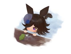 Rule 34 | 1girl, :o, animal, animal ears, black hair, blue flower, blue hat, blue rose, blush, chibi, commentary request, dokomon, flower, frog, hair over one eye, hat, hat flower, highres, horse ears, horse girl, horse tail, long hair, looking away, parted lips, partially submerged, purple eyes, rice shower (umamusume), rose, solo, tail, tilted headwear, umamusume, water, white background, white flower