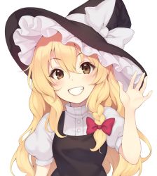 Rule 34 | 1girl, absurdres, blonde hair, blush, bow, braid, brown eyes, commentary request, grin, hair between eyes, hair bow, hand up, hat, hat bow, head tilt, highres, kirisame marisa, long hair, looking at viewer, pokachu, puffy short sleeves, puffy sleeves, red bow, shirt, short sleeves, side braid, simple background, single braid, smile, solo, teeth, touhou, upper body, waving, white background, white bow, white shirt, witch hat