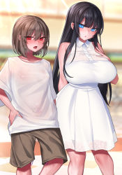 Rule 34 | 1boy, 1girl, black hair, blue eyes, blurry, blurry background, blush, breasts, brown hair, commentary request, covered erect nipples, dress, gender request, hand on own hip, highres, huge breasts, long hair, open mouth, original, pubic tattoo, red eyes, ruuku (azukieru), see-through, see-through shirt, sex toy, shirt, short hair, short sleeves, shorts, sleeveless, sweat, tattoo, tongue, vibrator, vibrator cord, vibrator under clothes, white dress, white shirt