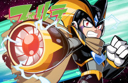 Rule 34 | 1boy, arm cannon, capcom, character name, clenched hand, electricity, bass (mega man), helmet, male focus, mega man (classic), mega man (series), mike luckas, red eyes, scarf, signature, solo, striped, striped background, watermark, weapon, web address
