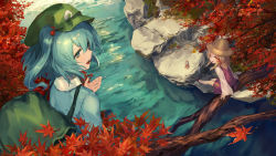Rule 34 | 3girls, arms at sides, autumn, autumn leaves, backpack, bag, blonde hair, blue eyes, blue hair, blue shirt, commentary request, day, dqn (dqnww), from above, from behind, green headwear, hair bobbles, hair ornament, hair ribbon, hand up, hat, in tree, kagiyama hina, kawashiro nitori, leaf, long sleeves, looking at viewer, looking back, maple leaf, medium hair, moriya suwako, multiple girls, nature, open mouth, outdoors, purple skirt, purple vest, ribbon, river, rock, shirt, shoes, sitting, sitting in tree, skirt, skirt set, thighhighs, touhou, tree, branch, two side up, vest, water, white legwear, white shirt, yellow eyes