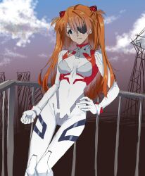 Rule 34 | 1girl, artist request, blue eyes, bodysuit, breasts, brown hair, evangelion: 3.0+1.0 thrice upon a time, eyepatch, hair ornament, hand on own hip, highres, interface headset, long hair, looking to the side, medium breasts, neon genesis evangelion, plugsuit, rebuild of evangelion, shiny clothes, simple background, skin tight, sky, solo, souryuu asuka langley, standing, turtleneck, very long hair, white bodysuit, wide hips