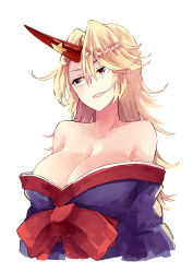 Rule 34 | 1girl, bare shoulders, blonde hair, bow, breasts, cleavage, deetamu, eyebrows hidden by hair, hair between eyes, highres, horns, hoshiguma yuugi, large breasts, long hair, looking away, off shoulder, oni horns, open mouth, red bow, red horns, simple background, single horn, smile, solo, star (symbol), teeth, touhou, upper body, white background, yellow eyes