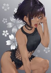 Rule 34 | 1girl, absurdres, black hair, black one-piece swimsuit, breasts, chiwa kotarou, dark-skinned female, dark skin, earrings, gradient background, highres, jewelry, looking at viewer, one-piece swimsuit, open mouth, original, piercing, purple eyes, swimsuit, tongue, tongue out