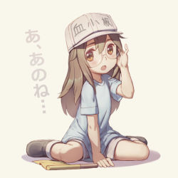 Rule 34 | 10s, 1girl, :o, adjusting eyewear, ankle boots, arm up, bespectacled, between legs, black footwear, blue shirt, blush, boots, brown eyes, brown hair, character name, commentary request, flag, flat cap, full body, glasses, grey hat, grey shorts, hair between eyes, hat, hataraku saibou, long hair, looking at viewer, on floor, open mouth, platelet (hataraku saibou), rotix, shirt, short sleeves, shorts, simple background, sitting, solo, translation request, wariza, white background