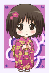 Rule 34 | 1girl, awa, black hair, child, closed mouth, flower, hanamaru youchien, japanese clothes, kimono, koume (hanamaru youchien), smile, solo
