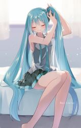 Rule 34 | 1girl, adjusting hair, aqua eyes, aqua hair, aqua necktie, backlighting, bare arms, bare shoulders, barefoot, bed, bedroom, black skirt, blurry, blurry background, closed eyes, closed mouth, commentary, curtains, depth of field, grey shirt, hair between eyes, hair down, hairdressing, hatsune miku, highres, light particles, light smile, long hair, mani (manidrawings), necktie, on bed, pleated skirt, shirt, sitting, skirt, smile, solo, twintails, twitter username, tying hair, undone necktie, very long hair, vocaloid