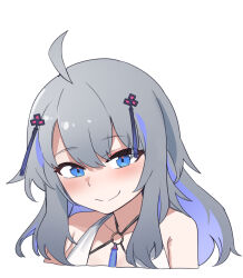 Rule 34 | 1girl, ahoge, aningay, blue eyes, blue hair, closed mouth, collarbone, cropped torso, grey hair, hair between eyes, hair ornament, highres, long hair, looking at viewer, multicolored hair, o-ring, o-ring top, original, simple background, smile, solo, streaked hair, two-tone hair, upper body, white background