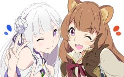 Rule 34 | 2girls, ;d, animal ear fluff, animal ears, blunt bangs, brown gloves, brown hair, closed mouth, commentary request, crossover, elf, emilia (re:zero), gloves, hair ornament, heart, isekai quartet, long hair, looking at viewer, multiple girls, one eye closed, open mouth, pointy ears, purple eyes, raccoon ears, raccoon girl, raphtalia, re:zero kara hajimeru isekai seikatsu, simple background, smile, tate no yuusha no nariagari, teeth, umanosuke, upper body, upper teeth only, v, white background