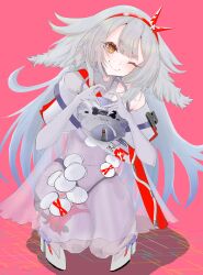 Rule 34 | 1girl, absurdres, ahoge, blush, clothing cutout, fang, fenrir (tower of fantasy), grey hair, hair flaps, hairband, heart cutout, highres, long hair, looking at viewer, pink background, red hairband, short eyebrows, simple background, single bare shoulder, skin fang, smile, solo, thick eyebrows, tower of fantasy, yellow eyes