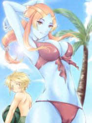Rule 34 | 1boy, 1girl, armpits, arms behind head, arms up, bikini, blue skin, breasts, cameltoe, cleavage, colored skin, day, elf, eyeshadow, food, front-tie top, fruit, large breasts, link, long hair, makeup, microspace, midna, midna (true), navel, nintendo, orange hair, palm tree, pointy ears, red eyes, smile, solo focus, spoilers, swimsuit, the legend of zelda, the legend of zelda: twilight princess, tree, watermelon