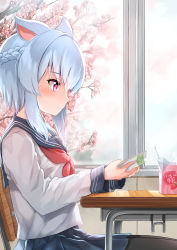 Rule 34 | 1girl, animal ears, black pantyhose, black sailor collar, black skirt, blue eyes, blush, braid, branch, cat ears, chair, cherry blossoms, closed mouth, commentary request, desk, drinking straw, flower, from side, hair between eyes, highres, holding, indoors, long sleeves, neckerchief, on chair, original, pantyhose, pink flower, pleated skirt, profile, reading, red eyes, red neckerchief, sailor collar, school chair, school desk, school uniform, serafuku, shirt, sitting, skirt, smile, solo, sora (silent square), white shirt, window